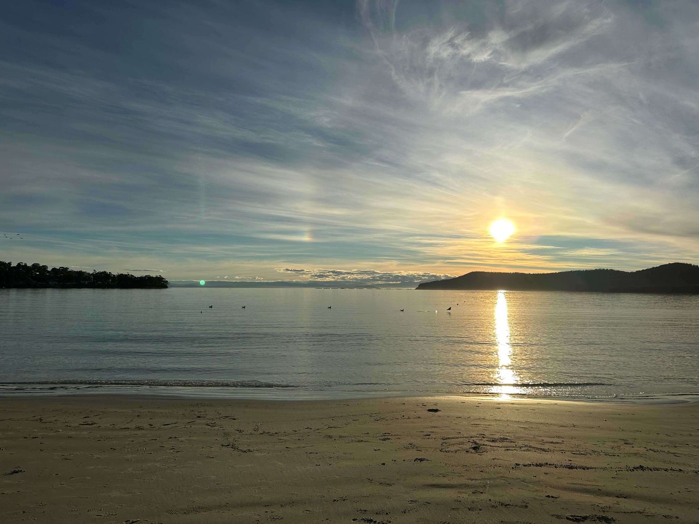 Warm golden-hour light over the Tasman Peninsula shoreline — the landscape and slower pace that shape sessions at Terra Lume.