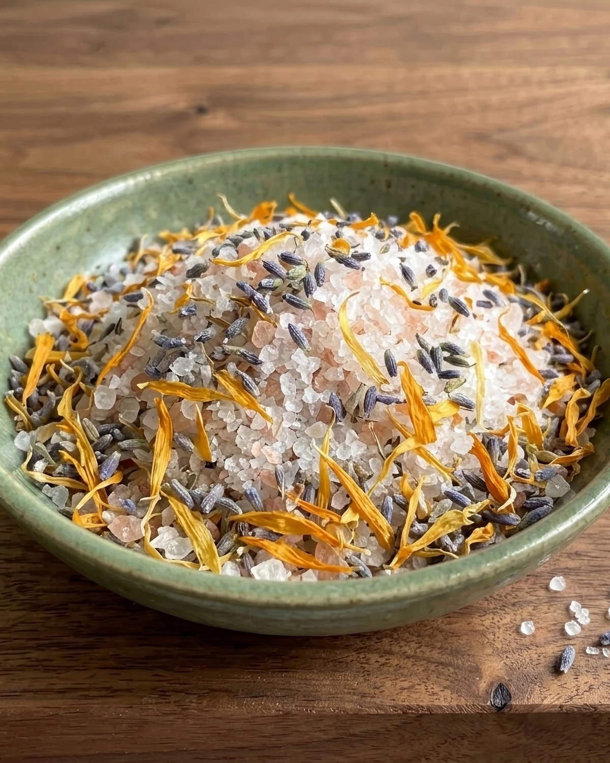 A hand-blended Terra Lume salt soak with dried lavender buds, calendula petals and pink Himalayan salt.