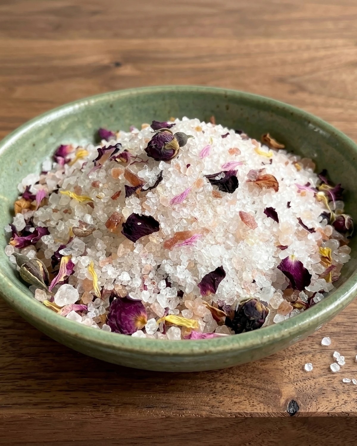 A hand-blended Terra Lume salt soak with dried rose petals, calendula flowers and pink Himalayan salt.